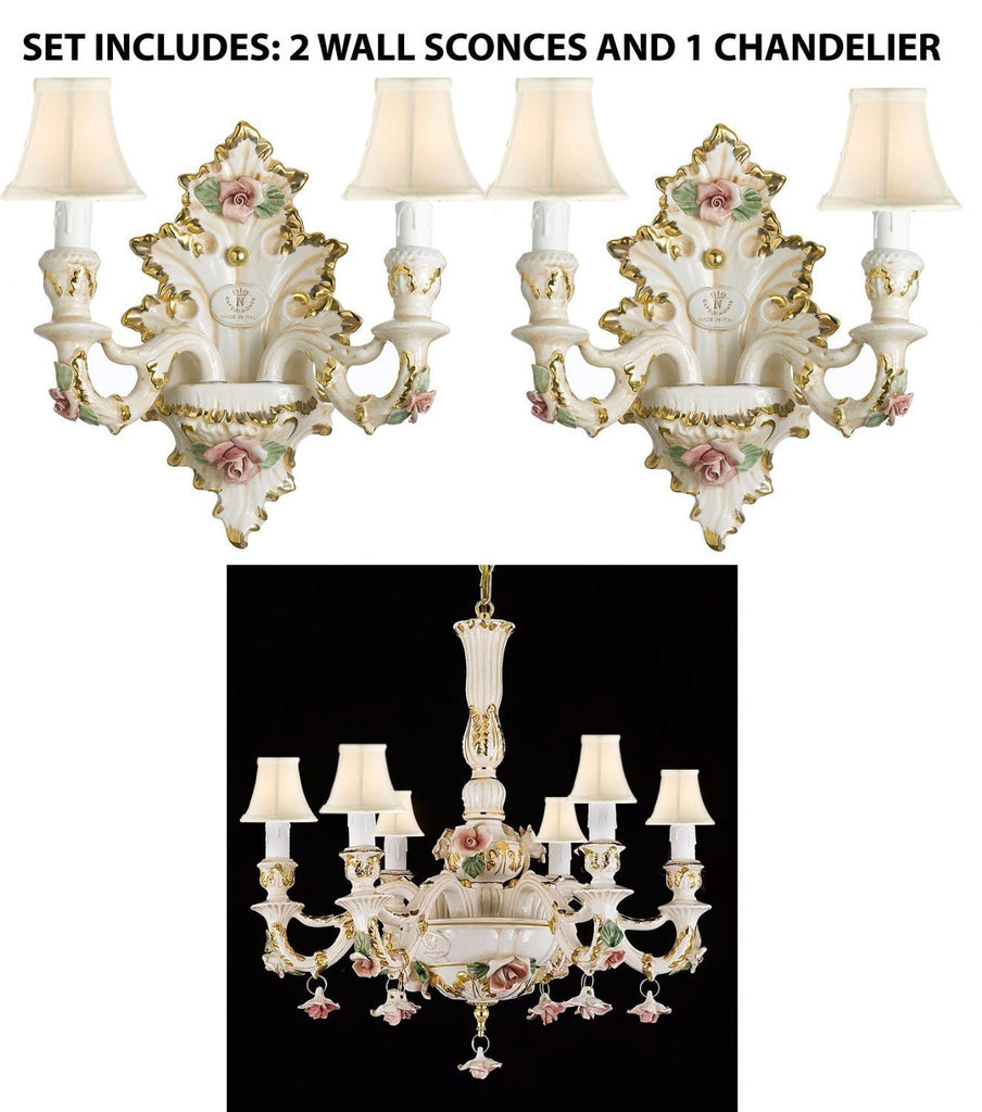 Set of 3 Authentic Capodimonte Porcelain Wall Sconce Lighting Cottage Chic Made in Italy With Shades, 24K Gold Trimmed w/ Roses & Flowers - 2EA-2/435+1EA-435/6WHITESHADES