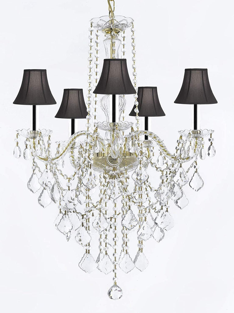 MURANO VENETIAN STYLE ALL-CRYSTAL CHANDELIER LIGHTING WITH BLACK SHADES W/CHROME SLEEVES H30" X W24"! - G46-B43/SC/BLACKSHADE/CG/3/384/5