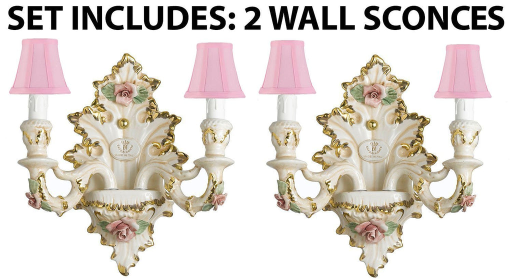 Set of 2 Authentic Capodimonte Porcelain Wall Sconce Lighting Cottage Chic Made in Italy WITH SHADES, 24K Gold Trimmed w/ Roses & Flowers - GB102/2/435/Set-of-2PINKSHADES