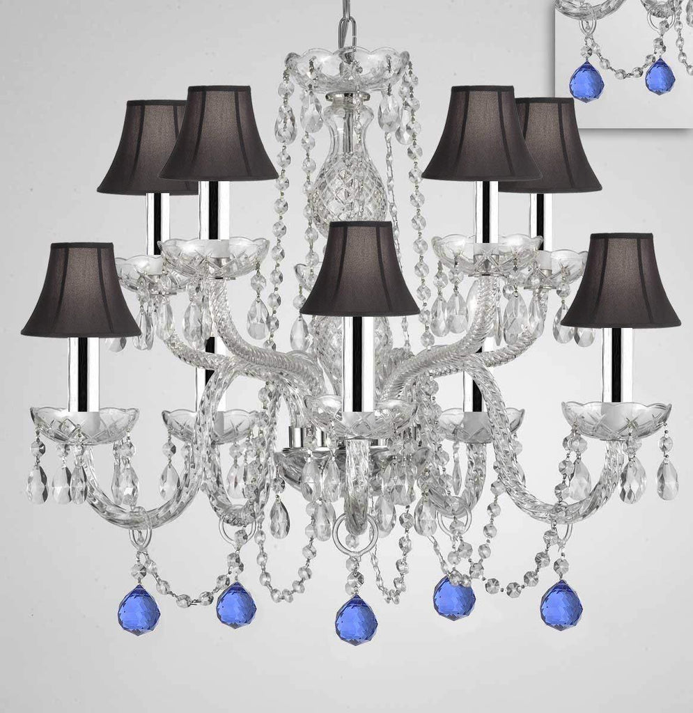 Chandelier Lighting Crystal Chandeliers H25" X W24" 10 Lights w/Chrome Sleeves - Dressed w/Blue Crystal Balls! Great for Dining Room, Foyer, Entry Way, Living Room, Bedroom, Kitchen! w/Black Shades - G46-B43/B99/BLACKSHADES/CS/1122/5+5