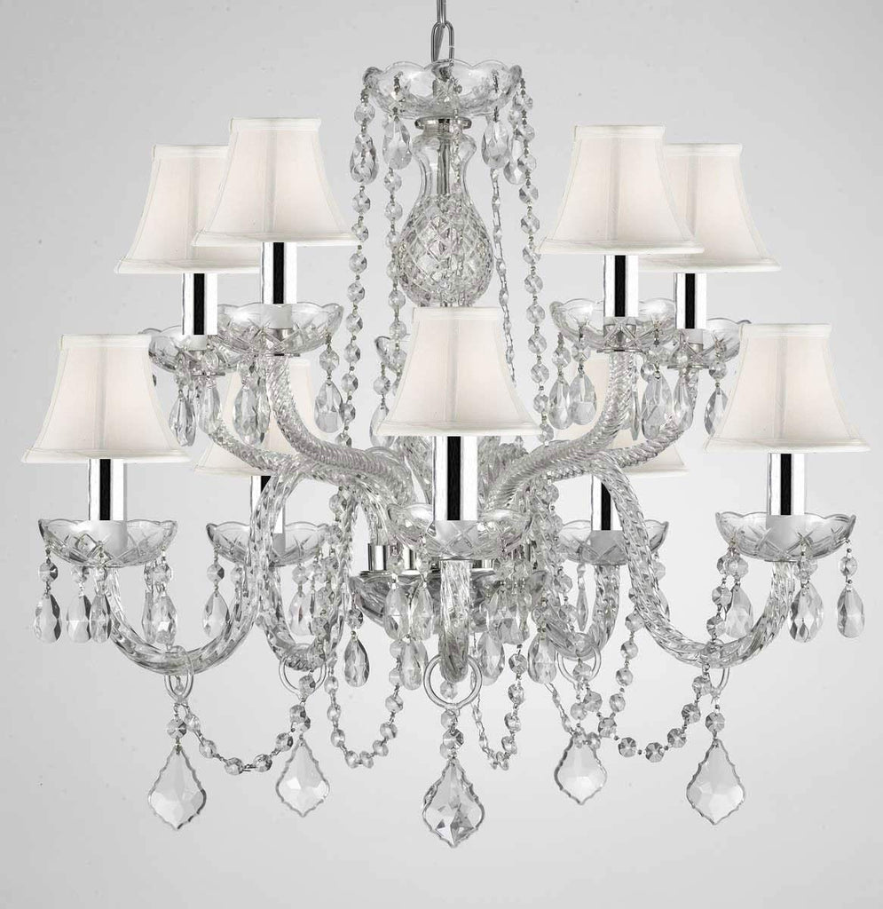 Empress Crystal (tm) Chandelier Chandeliers Lighting with White Shades H 25" X W 24" Swag Plug in-Chandelier W/ 14' Feet of Hanging Chain and Wire W/Chrome Sleeves - G46-B43/B15/WHITESHADES/CS/1122/5+5