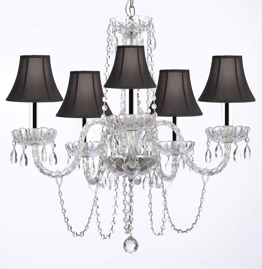 Murano Venetian Style All-crystal Chandelier with Black Shades w/Chrome Sleeves H25" W24" - G46-B43/SC/BLACKSHADE/381/5