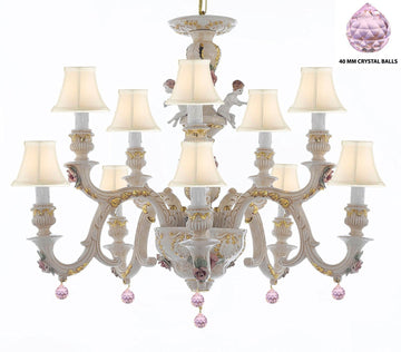 Authentic Capodimonte Porcelain Chandelier Lighting Chandeliers Cottage Chic Made in Italy, Trimmed w/ Roses & Flowers Dressed w/ Pink Balls Crystals With White Shades - GB102-SC/WHITESHADES/B76/227/5+5