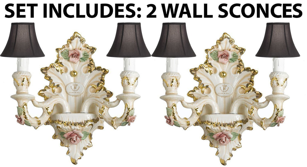 Set of 2 Authentic Capodimonte Porcelain Wall Sconce Lighting Cottage Chic Made in Italy WITH SHADES, 24K Gold Trimmed w/ Roses & Flowers - GB102/2/435/Set-of-2BLACKSHADES