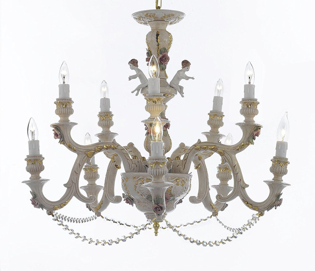 Authentic Capodimonte Porcelain Chandelier Lighting Chandeliers Cottage Chic Made in Italy, Good for Dining Room, Kids & Girls Bedrooms 24K Gold Trimmed w/ Roses & Flowers Dressed w/ Crystals - GB102-B52/227/5+5