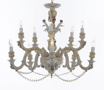 Authentic Capodimonte Porcelain Chandelier Lighting Chandeliers Cottage Chic Made in Italy, Good for Dining Room, Kids & Girls Bedrooms 24K Gold Trimmed w/ Roses & Flowers Dressed w/ Crystals - GB102-B52/227/5+5