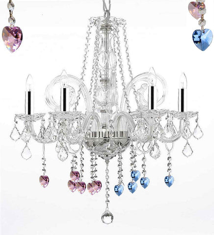 Crystal Chandelier Chandeliers Lighting with Blue and Pink Crystal Hearts w/Chrome Sleeves! H25" x W24" - G46-B43/B85/B21/385/5