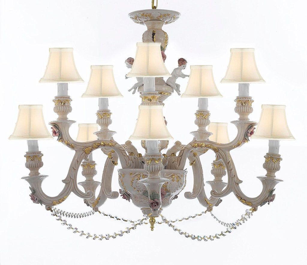 Authentic Capodimonte Porcelain Chandelier Lighting Chandeliers Cottage Chic Made in Italy, Trimmed w/ Roses & Flowers Dressed w/ Crystals With White Shades - GB102-SC/WHITESHADES/B52/227/5+5