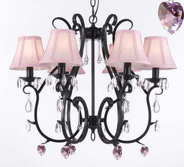 Wrought Iron Empress Crystal (TM) Chandelier Chandeliers Lighting W/ Pink Crystal Hearts and Pink Shades - For Nursery, Kids, Girls Bedrooms, Kitchen, Etc - A7-B21/PINKSHADES/406/6