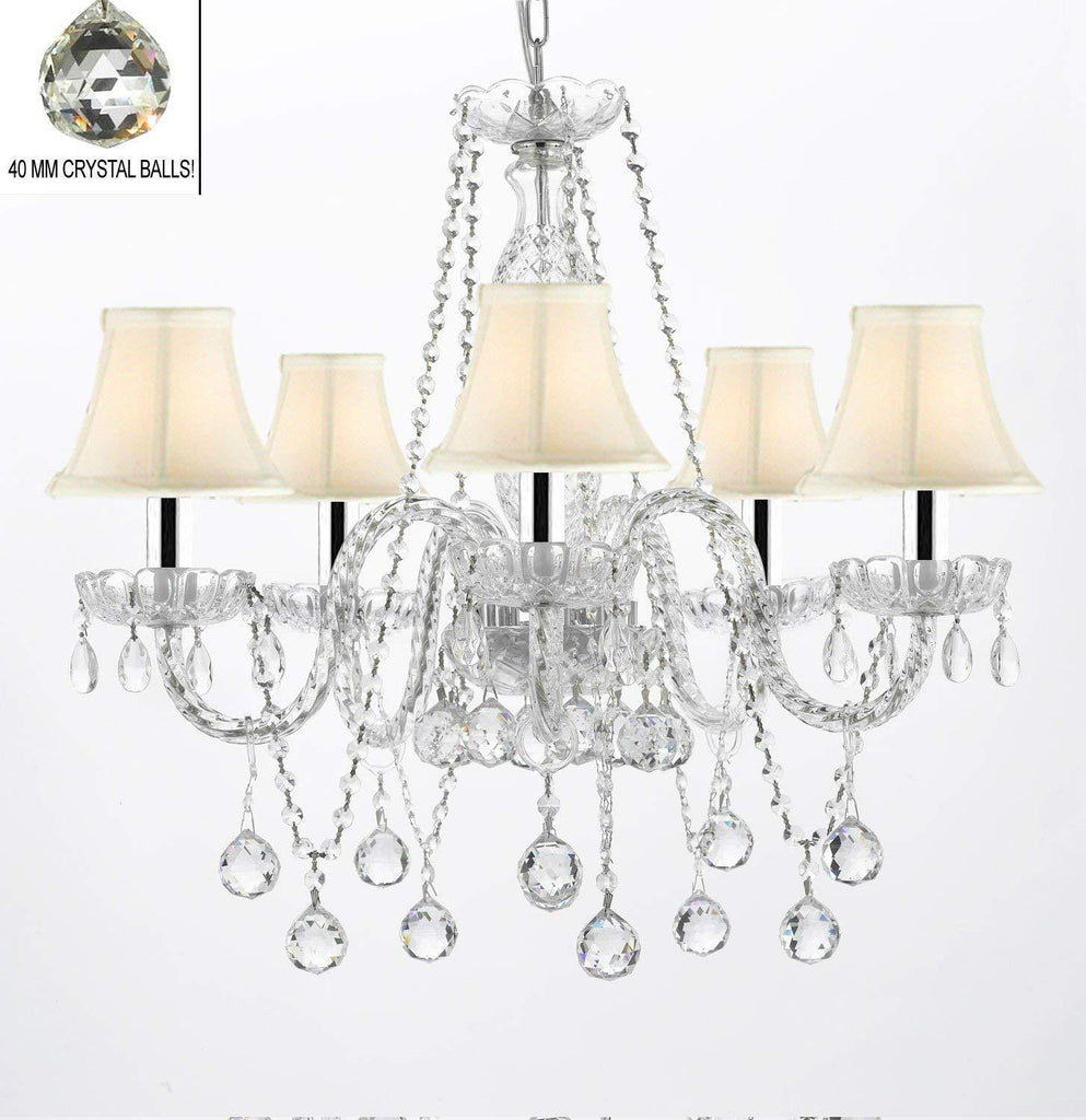 Authentic All Crystal Chandeliers Lighting Empress Crystal (TM) Chandeliers with Crystal White and Shades W/Chrome Sleeves H27" X W24" - G46-B43/WHITESHADES/B37/384/5