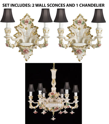 Set of 3 Authentic Capodimonte Porcelain Wall Sconce Lighting Cottage Chic Made in Italy With Shades, 24K Gold Trimmed w/ Roses & Flowers - 2EA-2/435+1EA-435/6/BLACKSHADES
