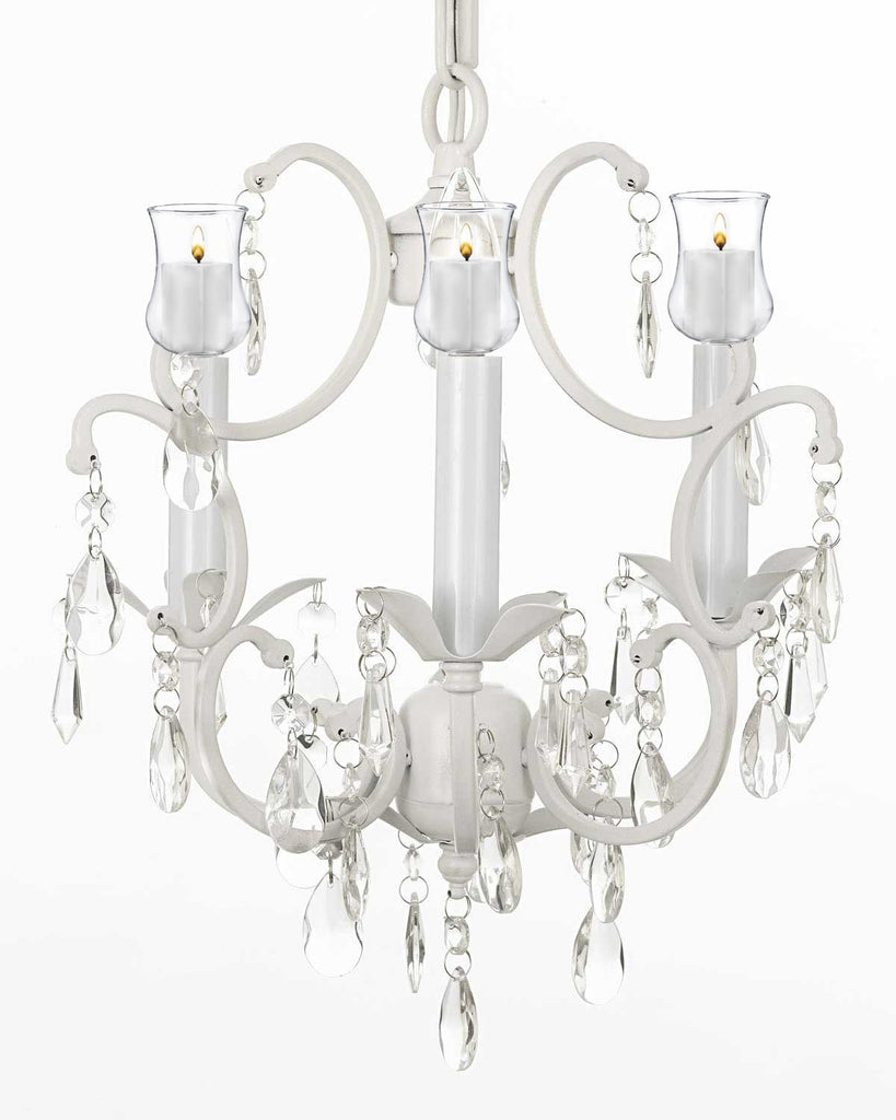 WHITE WROUGHT IRON CRYSTAL MINI CHANDELIER W/ Candle Votives H14" x W11" - For Indoor / Outdoor Use Great for Outdoor Events, Hang from Trees / Gazebo / Pergola / Porch / Patio / Tent  - G7-B31/WHITE/618/3