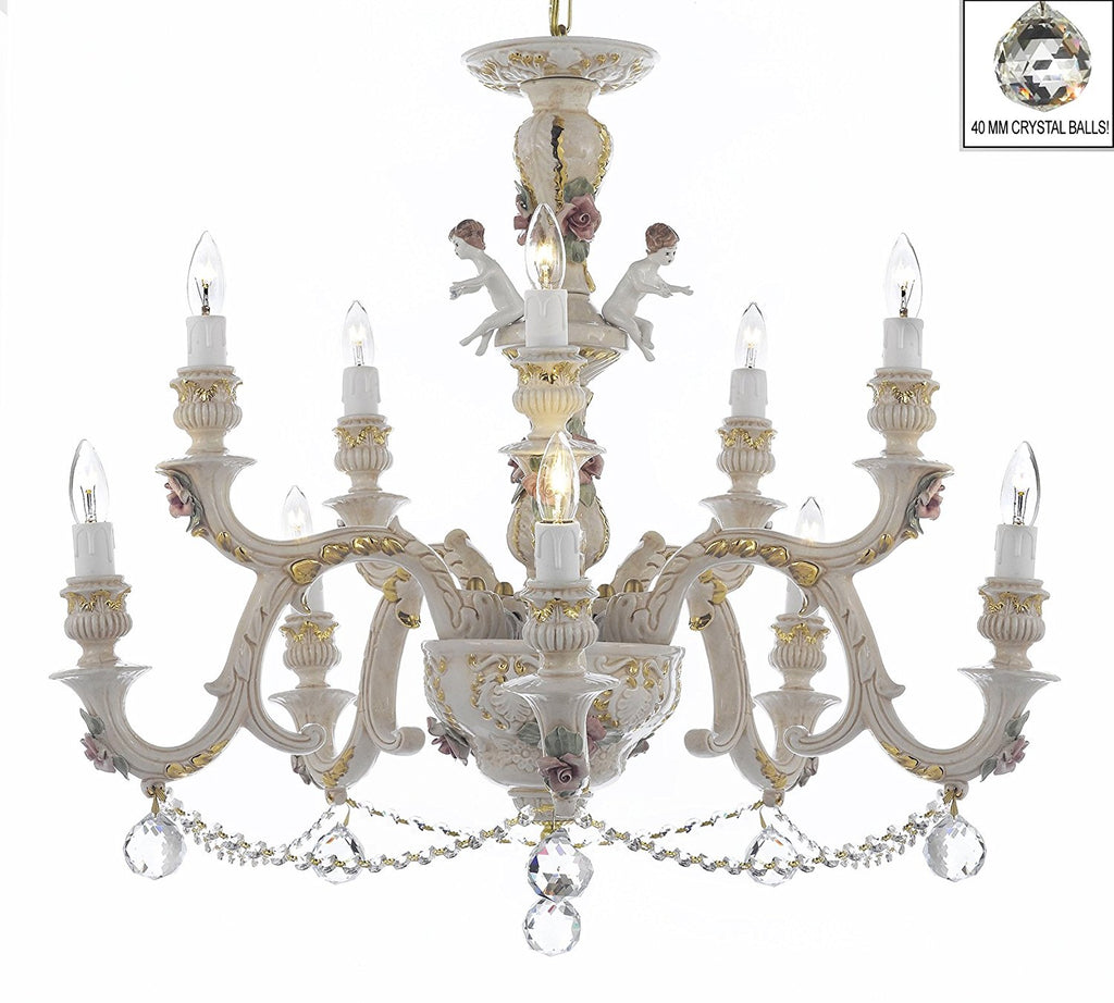 Authentic Capodimonte Porcelain Chandelier Lighting Chandeliers Cottage Chic Made in Italy, Trimmed w/ Roses & Flowers Dressed w/ Crystals and Crystals Balls - GB102-B6/B52/227/5+5
