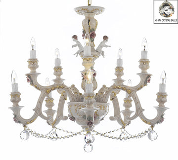 Authentic Capodimonte Porcelain Chandelier Lighting Chandeliers Cottage Chic Made in Italy, Trimmed w/ Roses & Flowers Dressed w/ Crystals and Crystals Balls - GB102-B6/B52/227/5+5