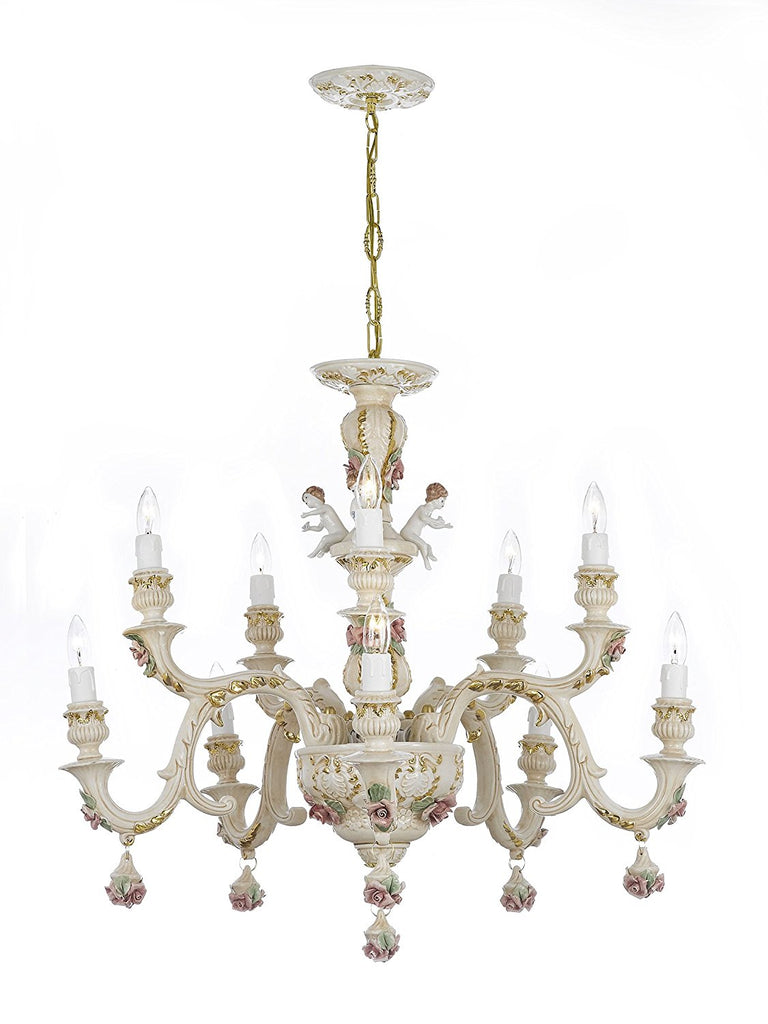 Authentic Capodimonte Porcelain Chandelier Lighting Chandeliers w/ Cherub Angels Made in Italy Good for Dining Room, Kids & Girls Bedrooms 24K Gold Trimmed w/ Roses & Flowers-Limited Stock Available - GB102-227/5+5