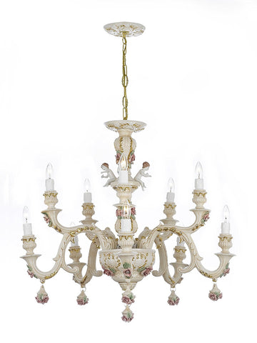 Authentic Capodimonte Porcelain Chandelier Lighting Chandeliers w/ Cherub Angels Made in Italy Good for Dining Room, Kids & Girls Bedrooms 24K Gold Trimmed w/ Roses & Flowers-Limited Stock Available - GB102-227/5+5