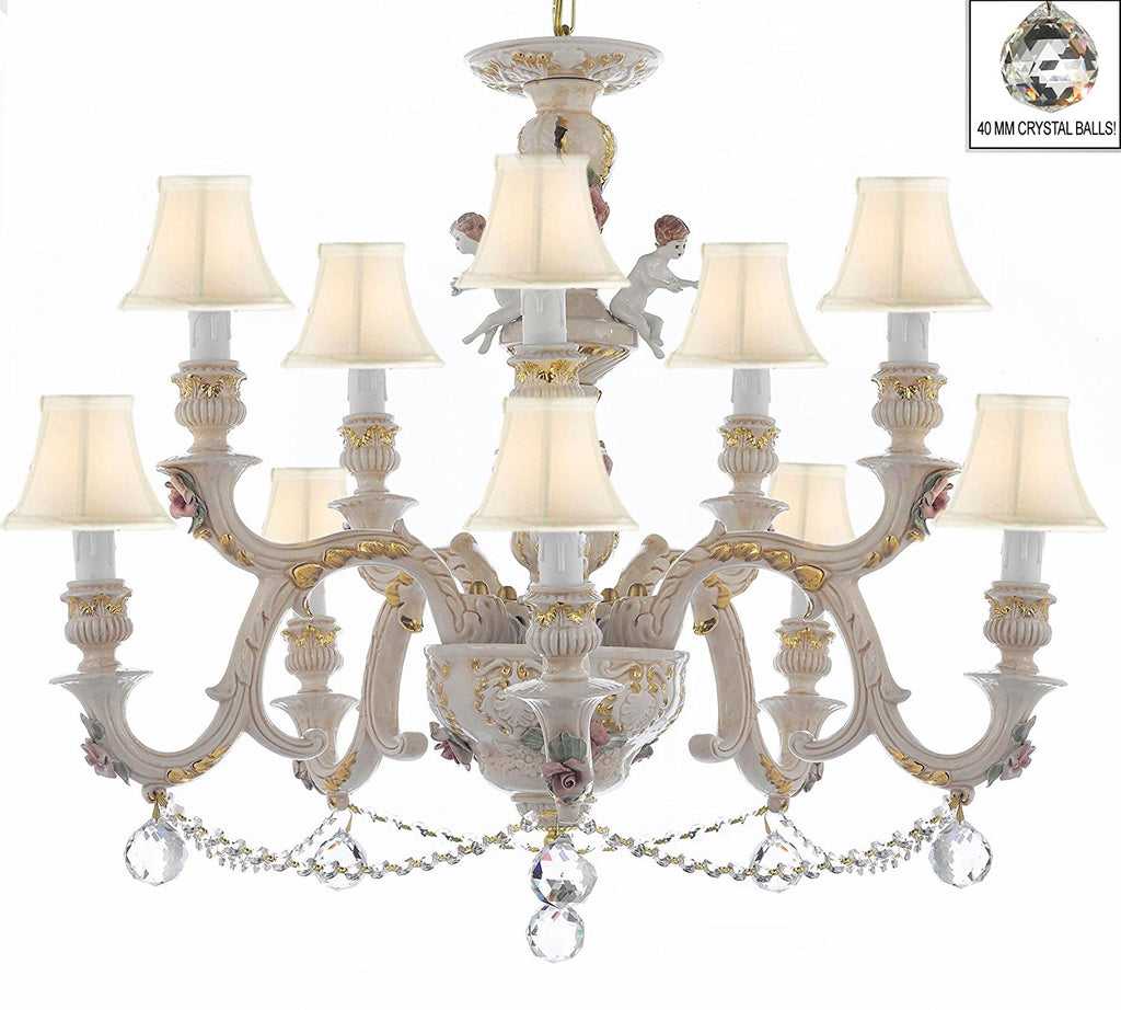 Authentic Capodimonte Porcelain Chandelier Lighting Chandeliers Cottage Chic Made in Italy, Trimmed w/ Roses & Flowers Dressed w/ Crystals and Crystals Balls With White Shades - GB102-SC/WHITESHADES/B6/B52/227/5+5