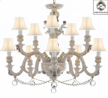 Authentic Capodimonte Porcelain Chandelier Lighting Chandeliers Cottage Chic Made in Italy, Trimmed w/ Roses & Flowers Dressed w/ Crystals and Crystals Balls With White Shades - GB102-SC/WHITESHADES/B6/B52/227/5+5