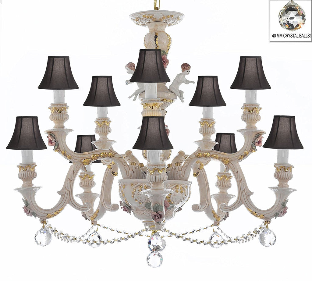 Authentic Capodimonte Porcelain Chandelier Lighting Chandeliers Cottage Chic Made in Italy, Trimmed w/ Roses & Flowers Dressed w/ Crystals and Crystals Balls With Black Shades - GB102-SC/BLACKSHADES/B6/B52/227/5+5