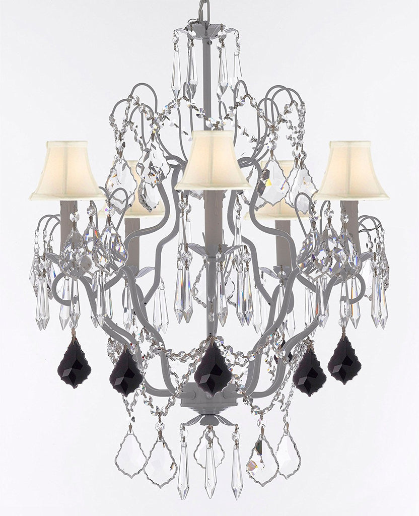 White Wrought Iron Crystal Chandelier Chandeliers Lighting H27" x W21" Dressed with Jet Black Crystal Great for Kitchens, Bathrooms, Bedrooms, Closets, and Dining Rooms w/ White Shades - J10-B97/WHITESHADES/WHITE/26025/5