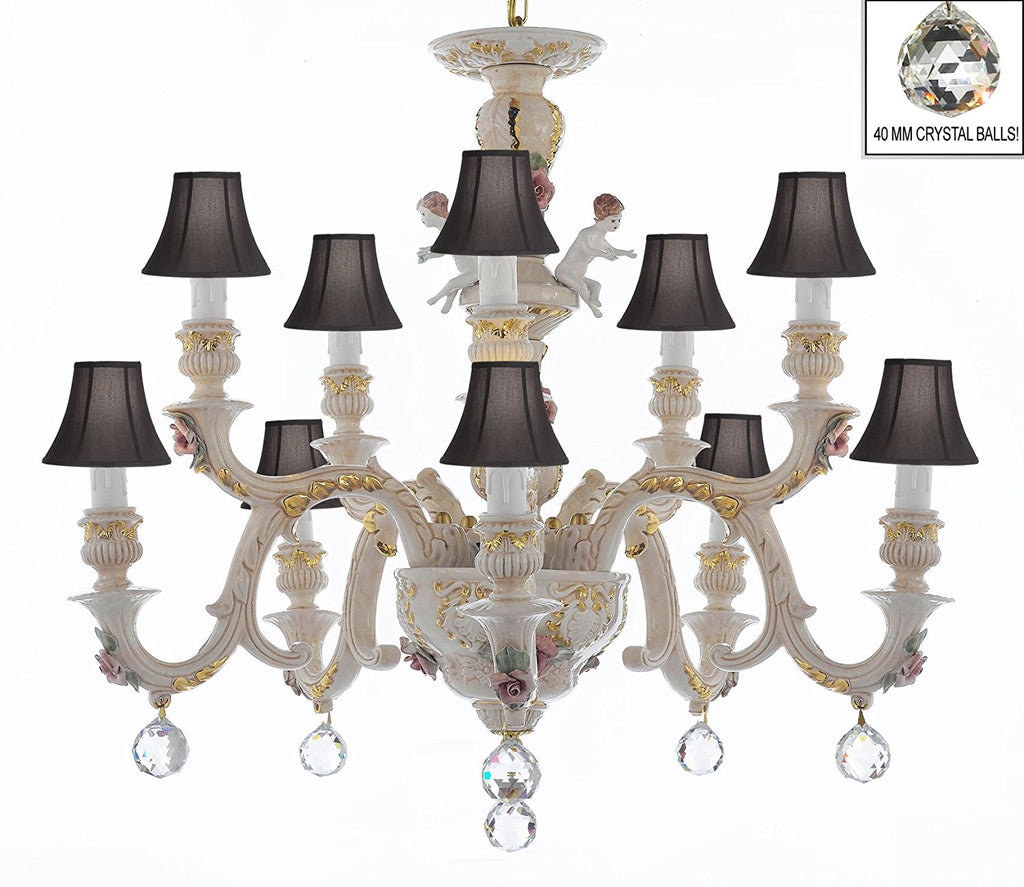 Authentic Capodimonte Porcelain Chandelier Lighting Chandeliers Cottage Chic Made in Italy, Trimmed w/ Roses & Flowers Dressed w/ Crystals Balls With Black Shades - GB102-SC/BLACKSHADES/B6/227/5+5