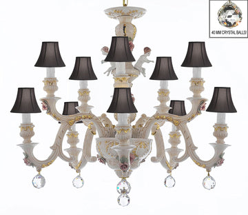 Authentic Capodimonte Porcelain Chandelier Lighting Chandeliers Cottage Chic Made in Italy, Trimmed w/ Roses & Flowers Dressed w/ Crystals Balls With Black Shades - GB102-SC/BLACKSHADES/B6/227/5+5