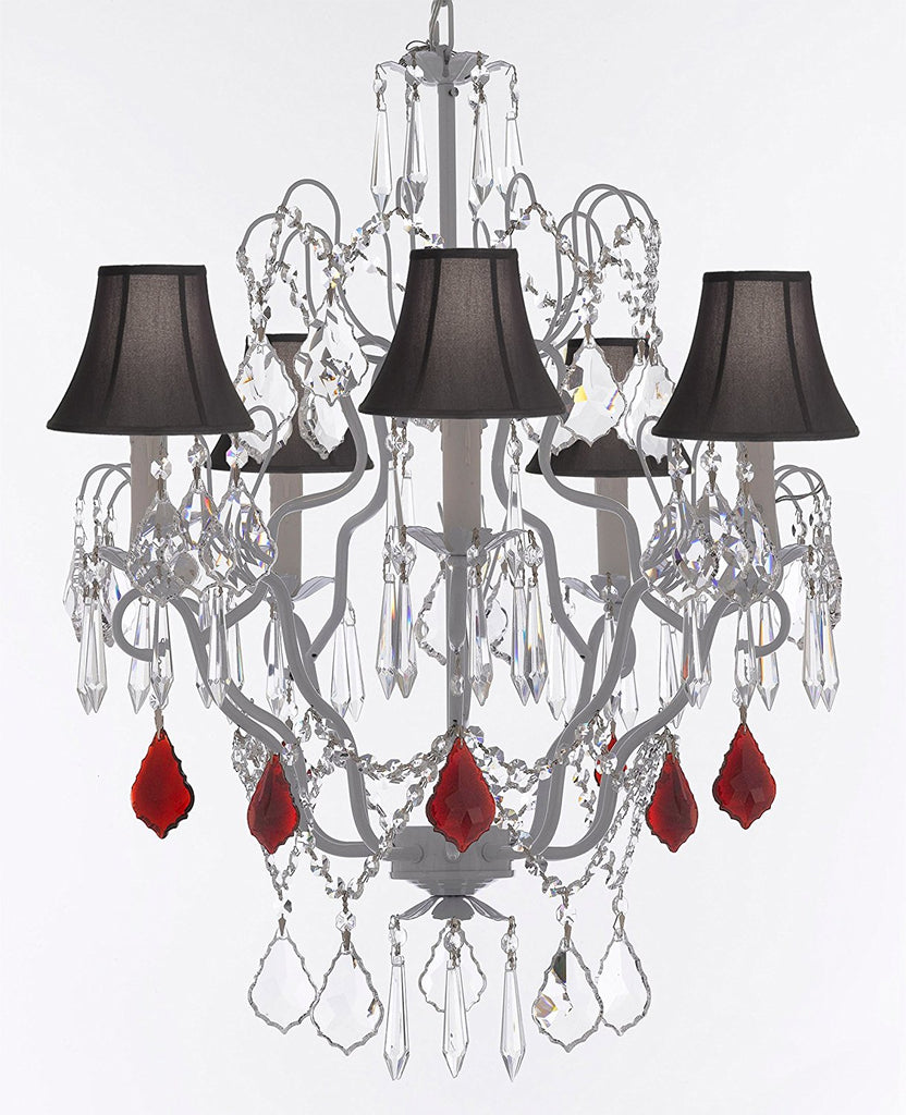 White Wrought Iron Crystal Chandelier Chandeliers Lighting H27" x W21" Dressed with Ruby Red Crystal Great for Kitchens, Bathrooms, Bedrooms, Closets, and Dining Rooms w/Black Shades - J10-B98/BLACKSHADES/WHITE/26025/5