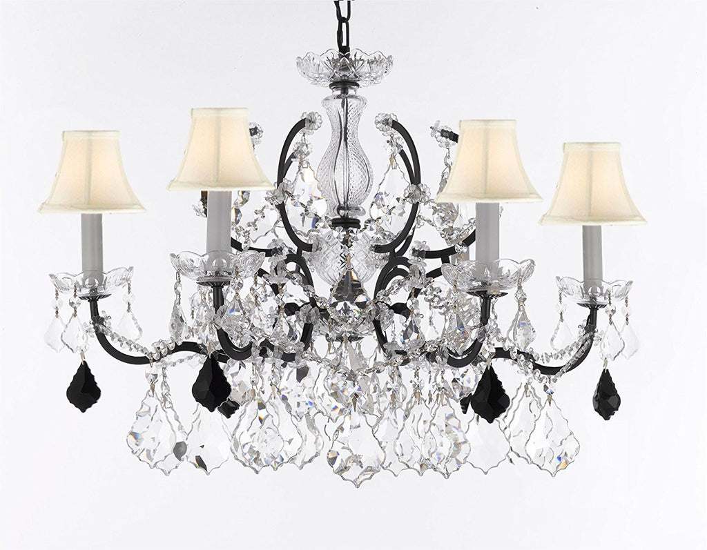 19th C. Baroque Iron & Crystal Chandelier Lighting Dressed with Empress Crystal (tm) - Dressed w/Jet Black Crystals Great for Kitchens, Closets, & Dining Rooms H 25" x W 26" w/White Shades - G83-B97/WHITESHADES/994/6