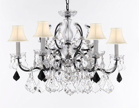 Swarovski Crystal Trimmed Chandelier 19th C. Baroque Iron & Crystal Lighting- Dressed with Jet Black Crystals Great for Kitchens, Bathrooms, Closets, & Dining Rooms H 25" x W 26" w/White Shades - G83-B97/WHITESHADES/994/6SW