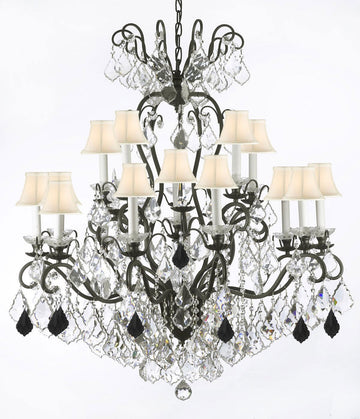 Wrought Iron Crystal Chandelier Lighting Dressed with Jet Black Crystals W38" H44" - Great for the Dining Room, Foyer, Entry Way, Living Room w/White Shades - A500-B97/556/16/WHITESHADES