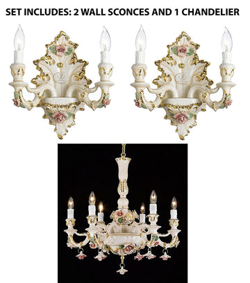 Set of 3 Authentic Capodimonte Porcelain Wall Sconce Lighting Cottage Chic Made in Italy, 24K Gold Trimmed w/ Roses & Flowers - 2EA WALLSCONCE/2/435 + 1EA 435/6