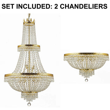 Set of 2-1 French Empire Crystal Chandelier Lighting H50" X W24" - Great for The Dining Room, Foyer, Living Room! and 1 French Empire Crystal Semi Flush Chandelier Lighting H18" X W24" - 1EA CG/870/15 + 1EA FLUSH/870/9 A500-