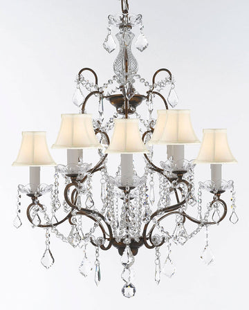 Swarovski Crystal Trimmed Wrought Iron Crystal Chandelier Chandeliers Lighting H 31" x W 24" Good for Dining Room, Foyer, Entryway, Family Room, Bedroom and More! w/White Shades - G7-WHITESHADES/11224/8SW