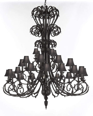 Versailles Large Foyer/Entryway Wrought Iron Chandelier with Shades 60" Inches Tall  - J10-724/28/SC/BLACK