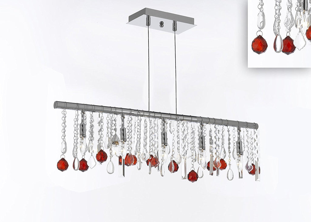 Modern Contemporary Broadway Linear Crystal Chandelier Lighting Lamp -Dressed with Ruby Red Crystal Balls 48" Wide - Great for Dining Room, Kitchen, Billiard Pool Table Lighting! - G7-B96/830/5