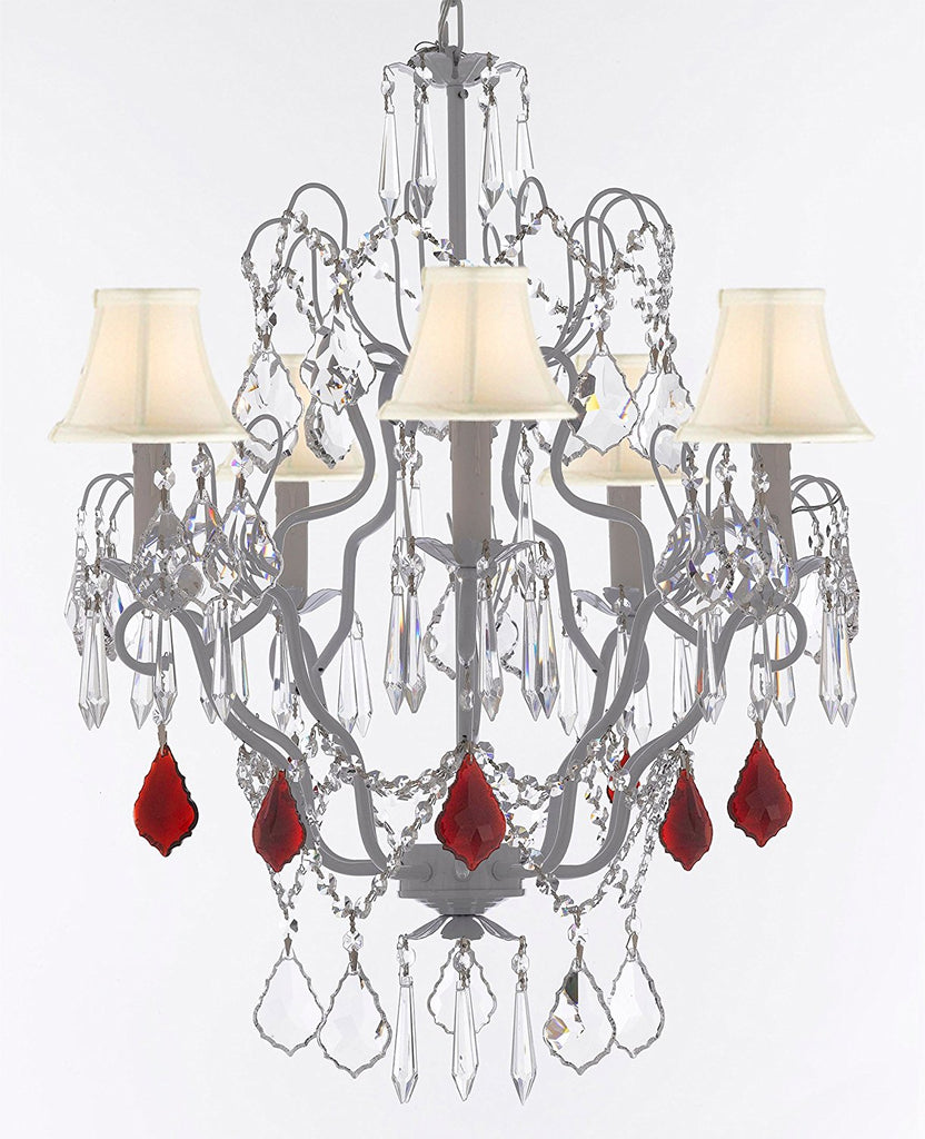 White Wrought Iron Crystal Chandelier Chandeliers Lighting H27" x W21" Dressed with Ruby Red Crystal Great for Kitchens, Bathrooms, Bedrooms, Closets, and Dining Rooms w/White Shades - J10-B98/WHITESHADES/WHITE/26025/5