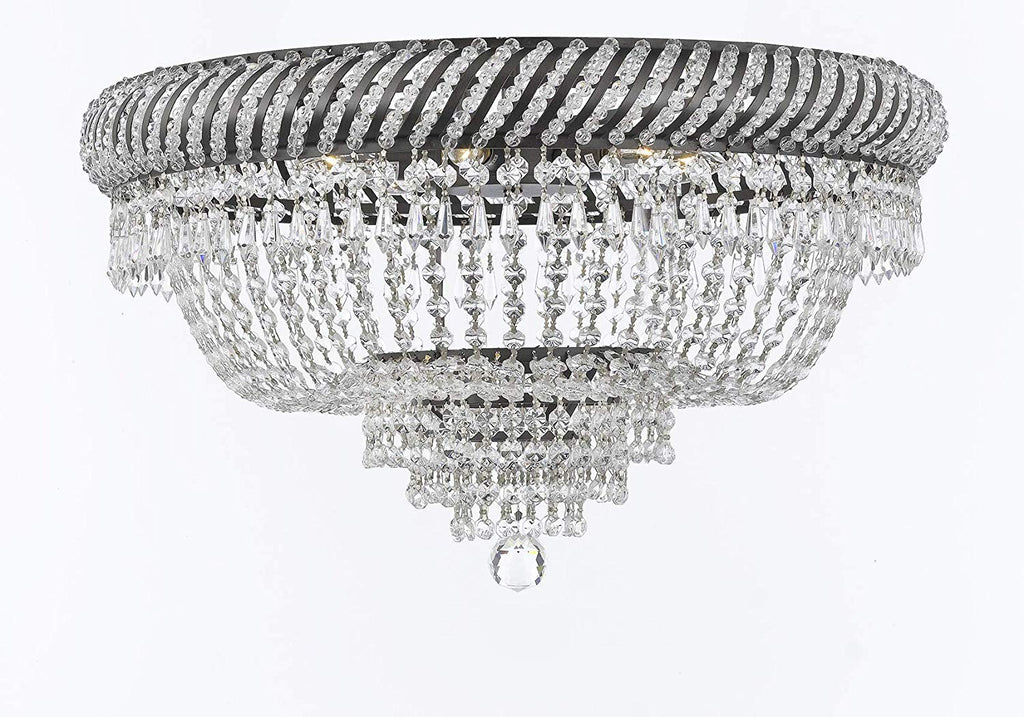 French Empire Crystal Flush Chandelier Chandeliers Lighting H16" X W23" with Dark Antique Finish! Good for Dining Room, Foyer, Entryway, Family Room and More! - A500-FLUSH/CB/448/9
