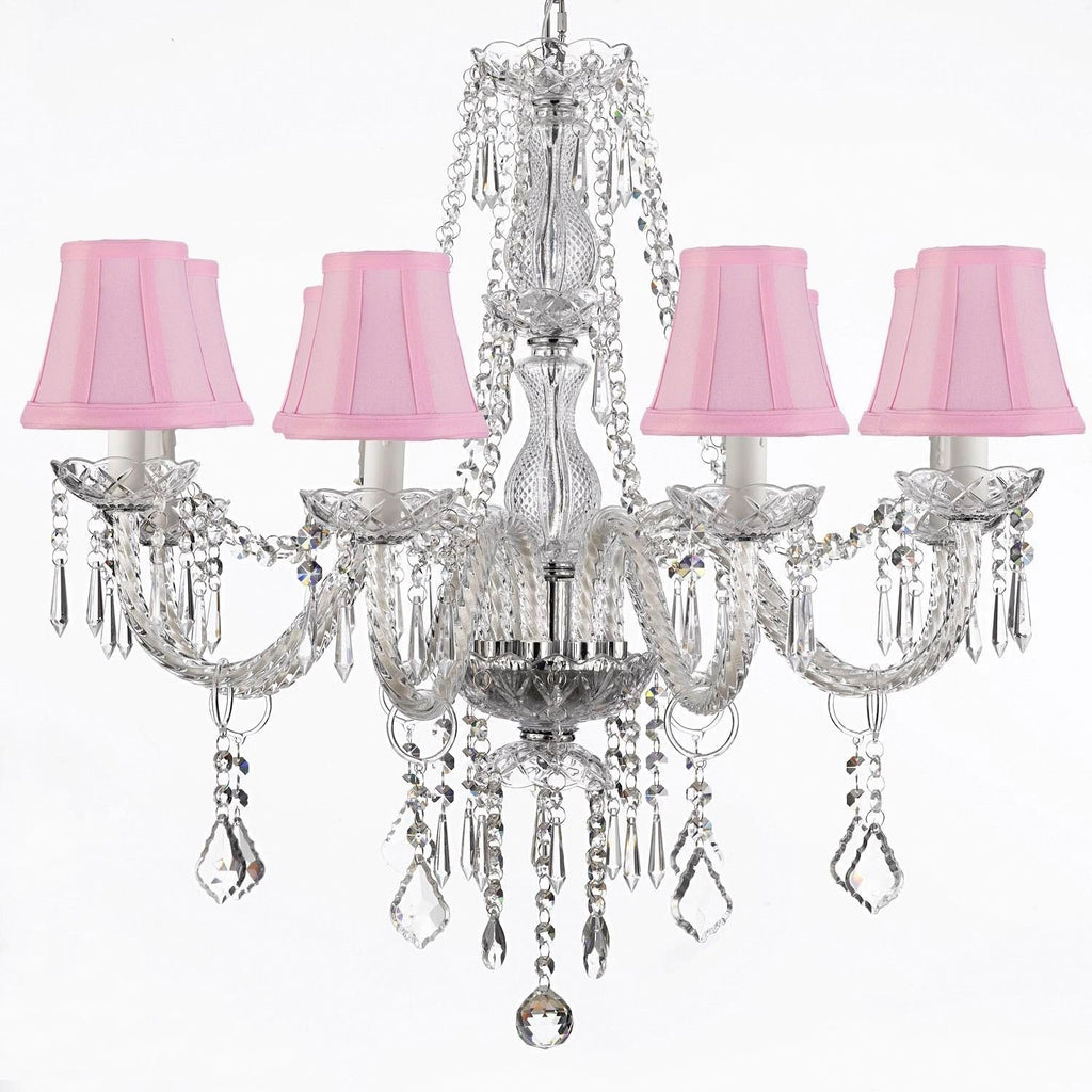 Crystal Chandelier Lighting 28ht X 28wd 8 Lights Fixture Pendant Ceiling Lamp Pink Shade Murano - SC8PINK-243-8H-DLO