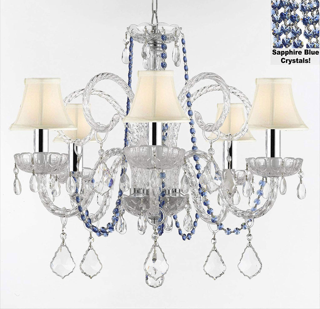AUTHENTIC ALL CRYSTAL CHANDELIER CHANDELIERS LIGHTING WITH SAPPHIRE BLUE CRYSTALS AND WHITE SHADES! PERFECT FOR LIVING ROOM, DINING ROOM, KITCHEN, KID'S BEDROOM W/CHROME SLEEVES! H25" W24" - A46-B43/B82/SC/WHITESHADES385/5