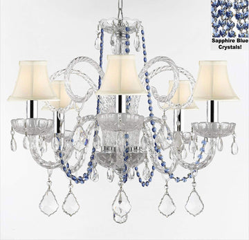 AUTHENTIC ALL CRYSTAL CHANDELIER CHANDELIERS LIGHTING WITH SAPPHIRE BLUE CRYSTALS AND WHITE SHADES! PERFECT FOR LIVING ROOM, DINING ROOM, KITCHEN, KID'S BEDROOM W/CHROME SLEEVES! H25" W24" - A46-B43/B82/SC/WHITESHADES385/5