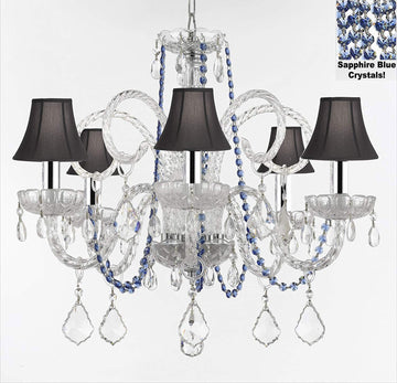 AUTHENTIC ALL CRYSTAL CHANDELIER CHANDELIERS LIGHTING WITH SAPPHIRE BLUE CRYSTALS AND BLACK SHADES! PERFECT FOR LIVING ROOM, DINING ROOM, KITCHEN, KID'S BEDROOM W/CHROME SLEEVES! H25" W24" - A46-B43/B82/SC/BLACKSHADES385/5
