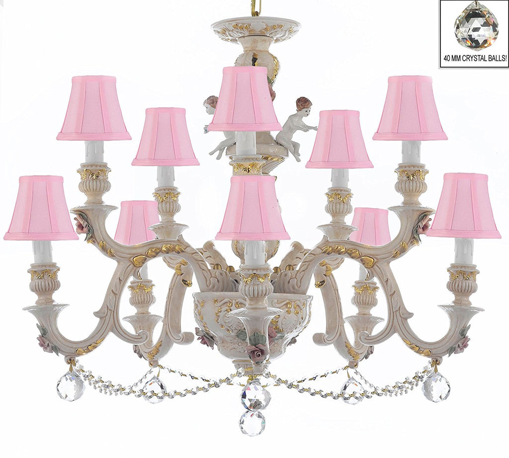 Authentic Capodimonte Porcelain Chandelier Lighting Chandeliers Cottage Chic Made in Italy, Trimmed w/ Roses & Flowers Dressed w/ Crystals and Crystals Balls With Pink Shades - GB102-SC/PINKSHADES/B6/B52/227/5+5