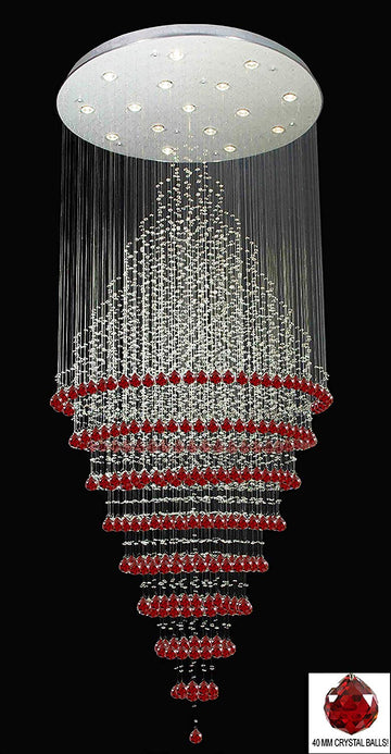 New ! Modern Contemporary Chandelier Rain Drop Chandeliers H 100" W 32" (Over 8ft Tall!) - Dressed with Ruby Red Crystal Balls! Great for Foyer, Entryway, Family Room and More! - G7-B104/6874/16