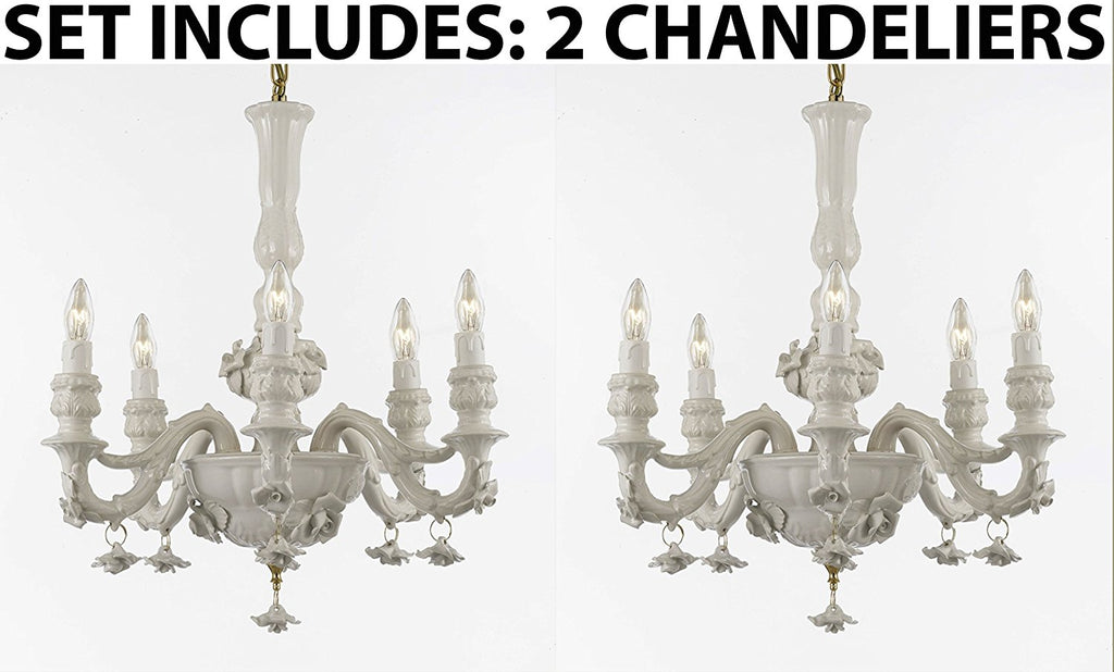 Set of 2 - Authentic Capodimonte White Porcelain Chandelier Lighting Chandeliers Made in Italy, Good for Dining Room, Kids & Girls Bedrooms w/ Roses & Flowers Speciality item, Limited Stock Available - 2EA-GB102-WHITE/435/6