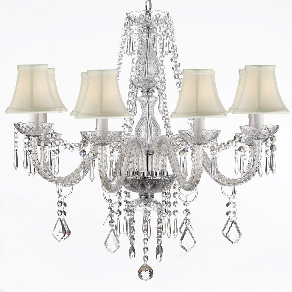 Crystal Chandelier Lighting 28ht X 28wd 8 Lights Fixture Pendant Ceiling Lamp White Shade Murano - SC8WHITE-243-8H-DLO