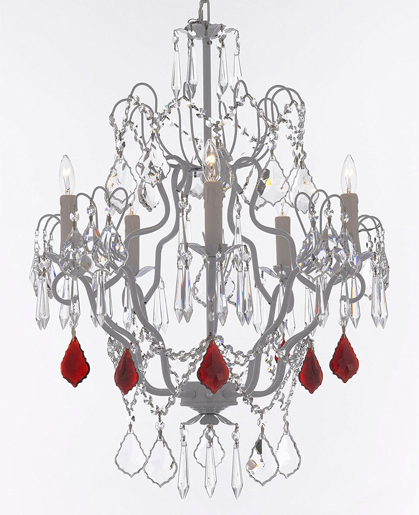Swarovski Crystal Trimmed Chandelier White Wrought Iron Swarovski Crystal Trimmed Chandeliers Lighting H27" x W21" Dressed w/Ruby Red Crystal Great for Kitchens, Closets, and Dining Rooms - J10-B98/WHITE/26025/5SW