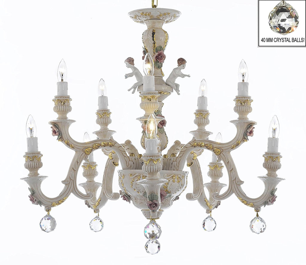 Authentic Capodimonte Porcelain Chandelier Lighting Chandeliers Cottage Chic Made in Italy, Good for Dining Room, Kids & Girls Bedrooms 24K Gold Trimmed w/ Roses & Flowers Dressed w/ Crystals Balls - GB102-B6/227/5+5