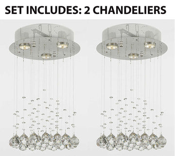 Set of 2 - Modern Chandelier Rain Drop Lighting Crystal Ball round Fixture Pendant Ceiling Lamp H18 X W12 3 Lights Modern - 2EA-C9071R-3
