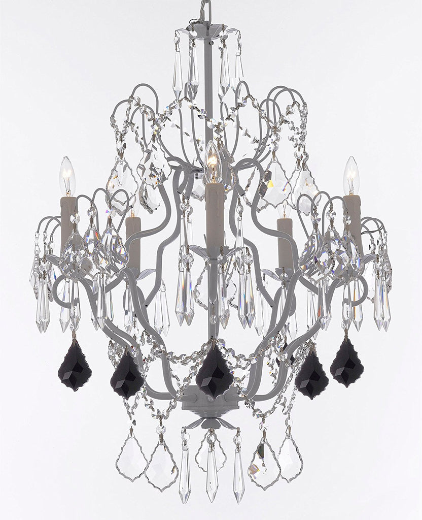 Swarovski Crystal Trimmed Chandelier White Wrought Iron Swarovski Crystal Trimmed Chandeliers Lighting H27"xW21" Dressed w/Jet Black Crystal Great for Kitchens, Bathrooms and Dining Rooms - J10-B97/WHITE/26025/5SW
