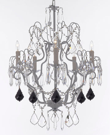 Swarovski Crystal Trimmed Chandelier White Wrought Iron Swarovski Crystal Trimmed Chandeliers Lighting H27"xW21" Dressed w/Jet Black Crystal Great for Kitchens, Bathrooms and Dining Rooms - J10-B97/WHITE/26025/5SW